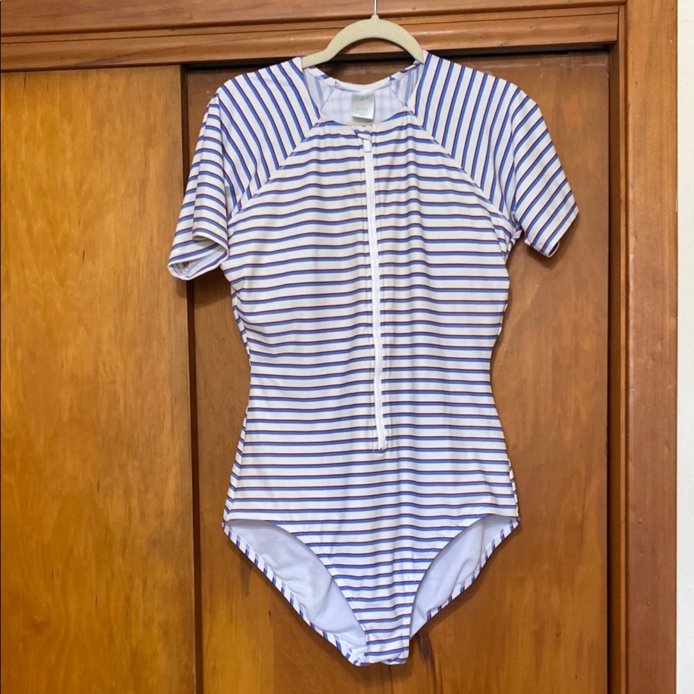 Kona Sol Blue Red White Striped One Piece Swimsuit Zip Front - XL
